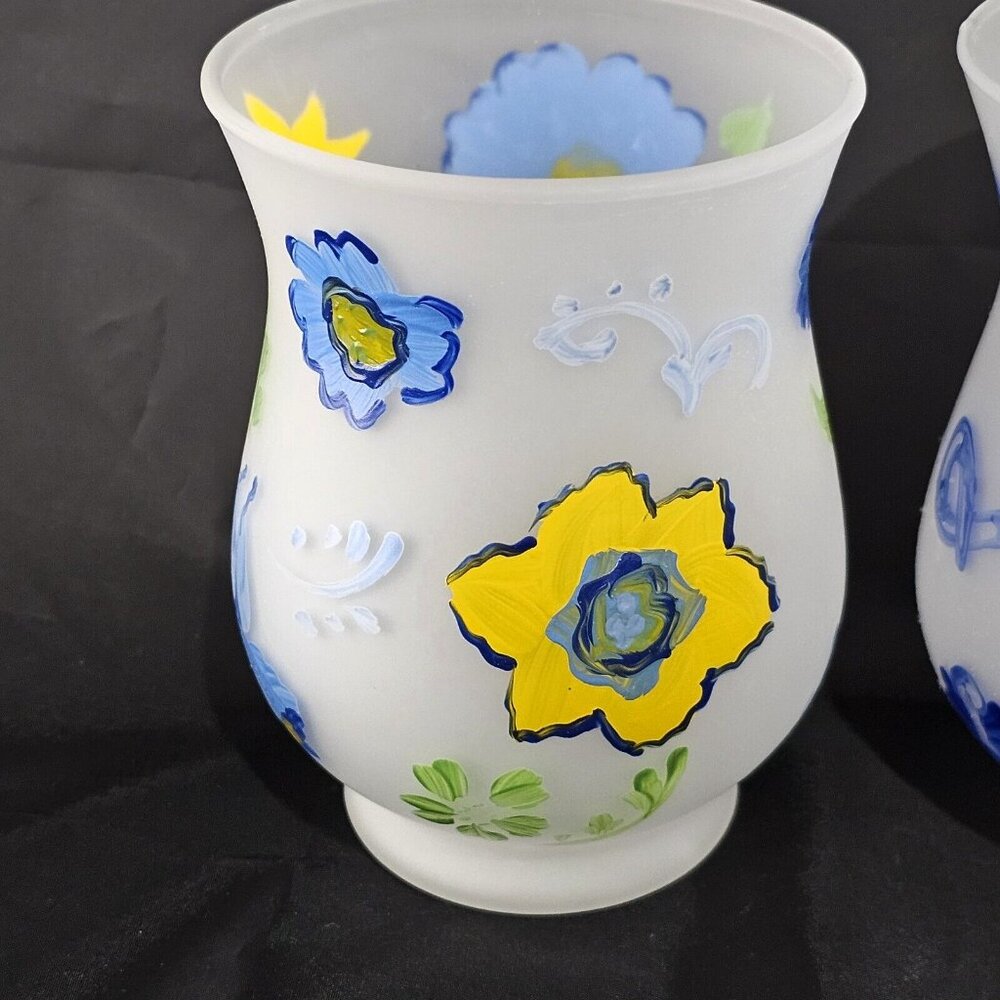 2 Hallmark Handpainted Hurricane Candle Holders 5" includes votives blue yellow - Picture 4 of 7